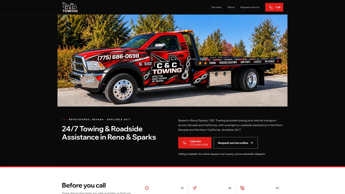 C&C Towing website homepage showing a red tow truck, Reno/Sparks roadside assistance information, and contact options.