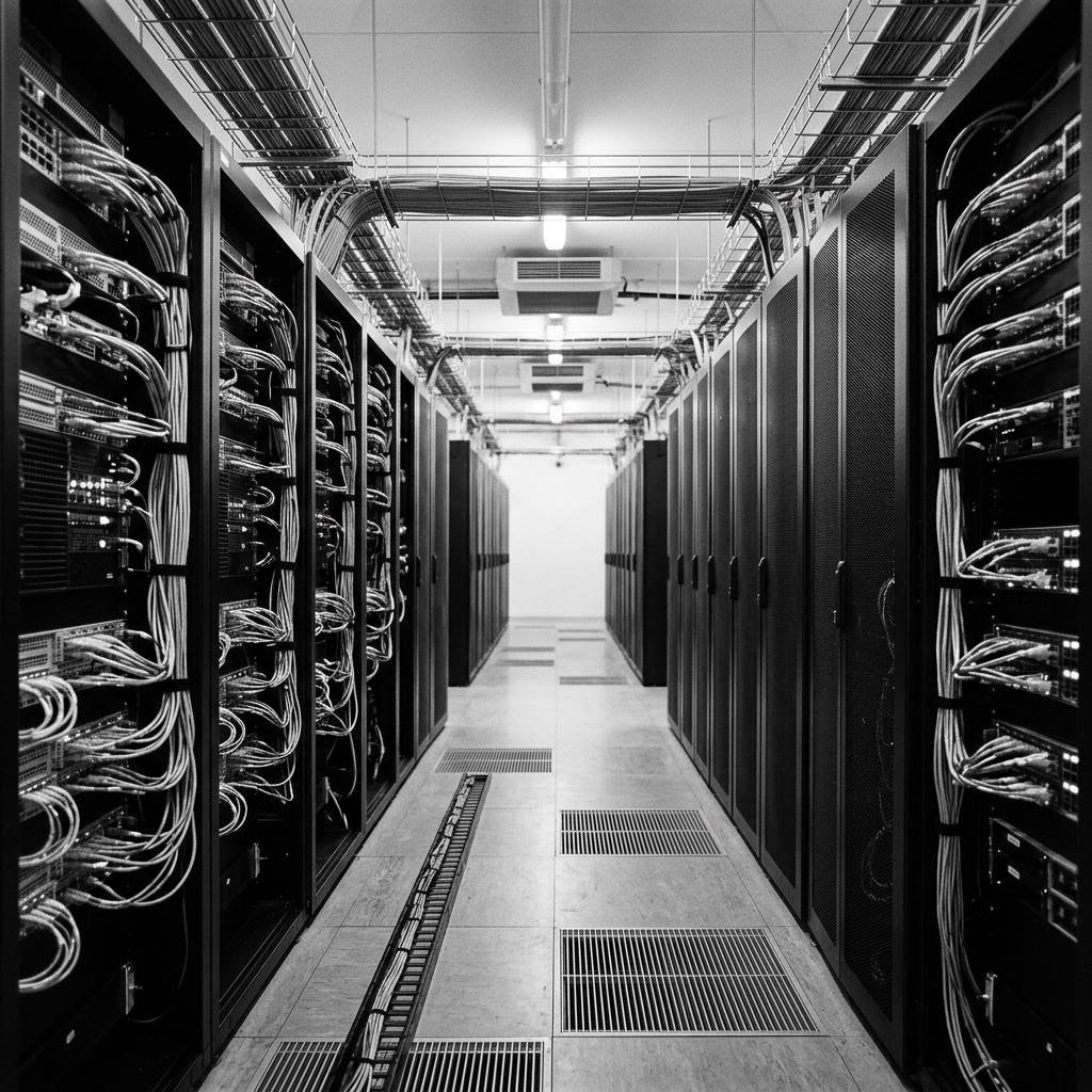 Rows of server racks representing dependable managed website hosting infrastructure