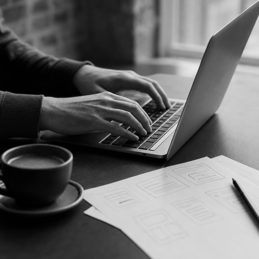 Hands using a laptop while reviewing and maintaining a website
