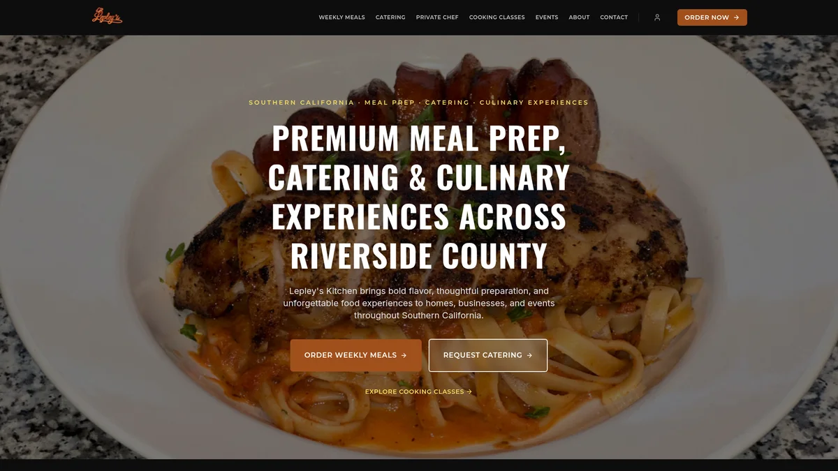 Lepley's Kitchen website homepage showing its meal prep, catering, and culinary services with online ordering and catering inquiry options.