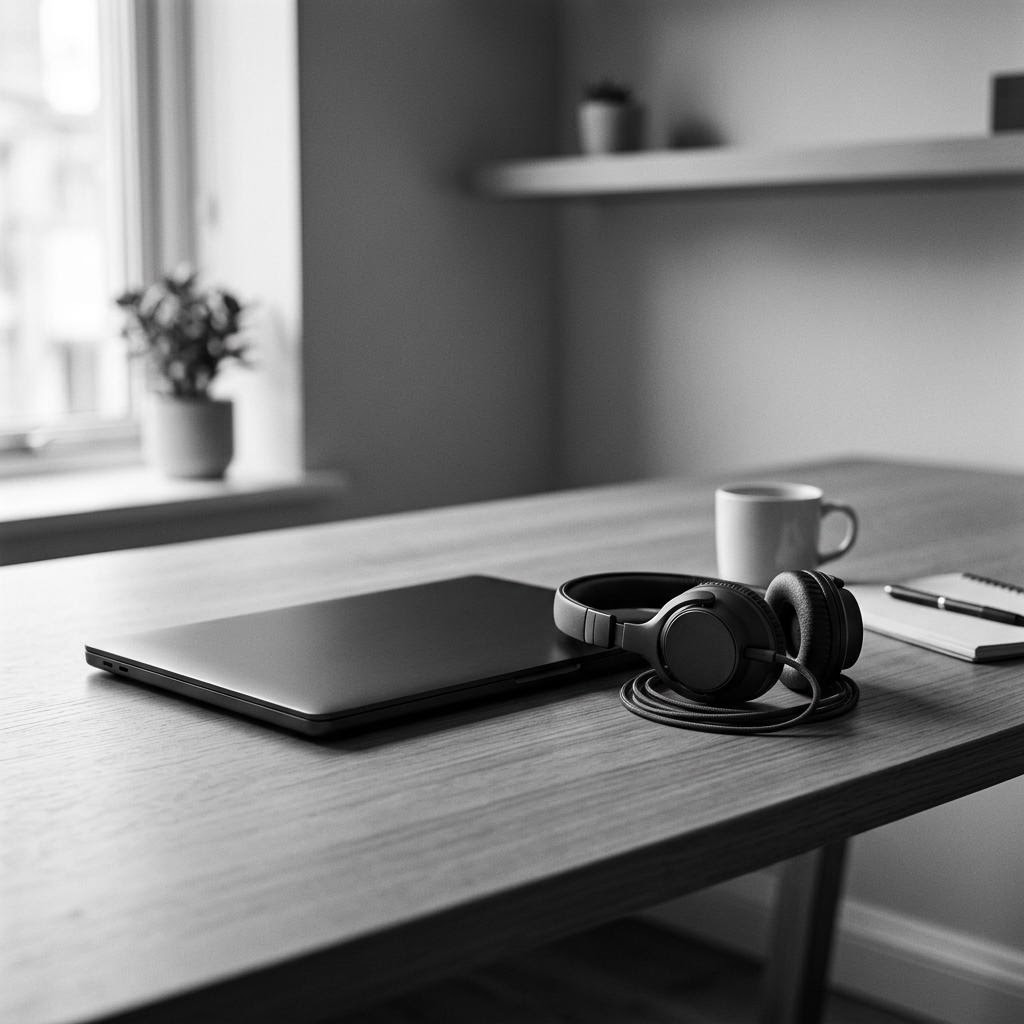 Headset beside a laptop at a tidy workstation for hands-on website support