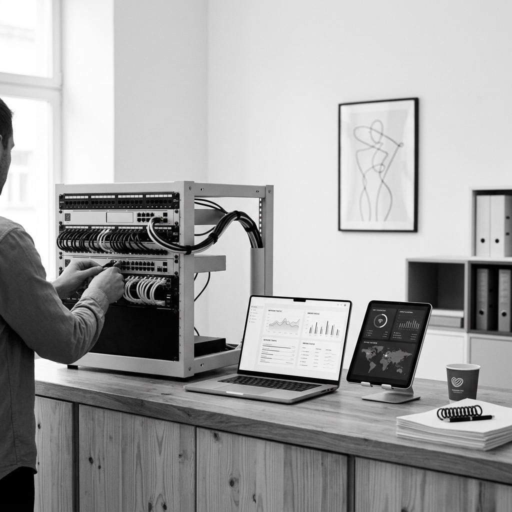 Small business workspace with a network rack, laptop and dashboard