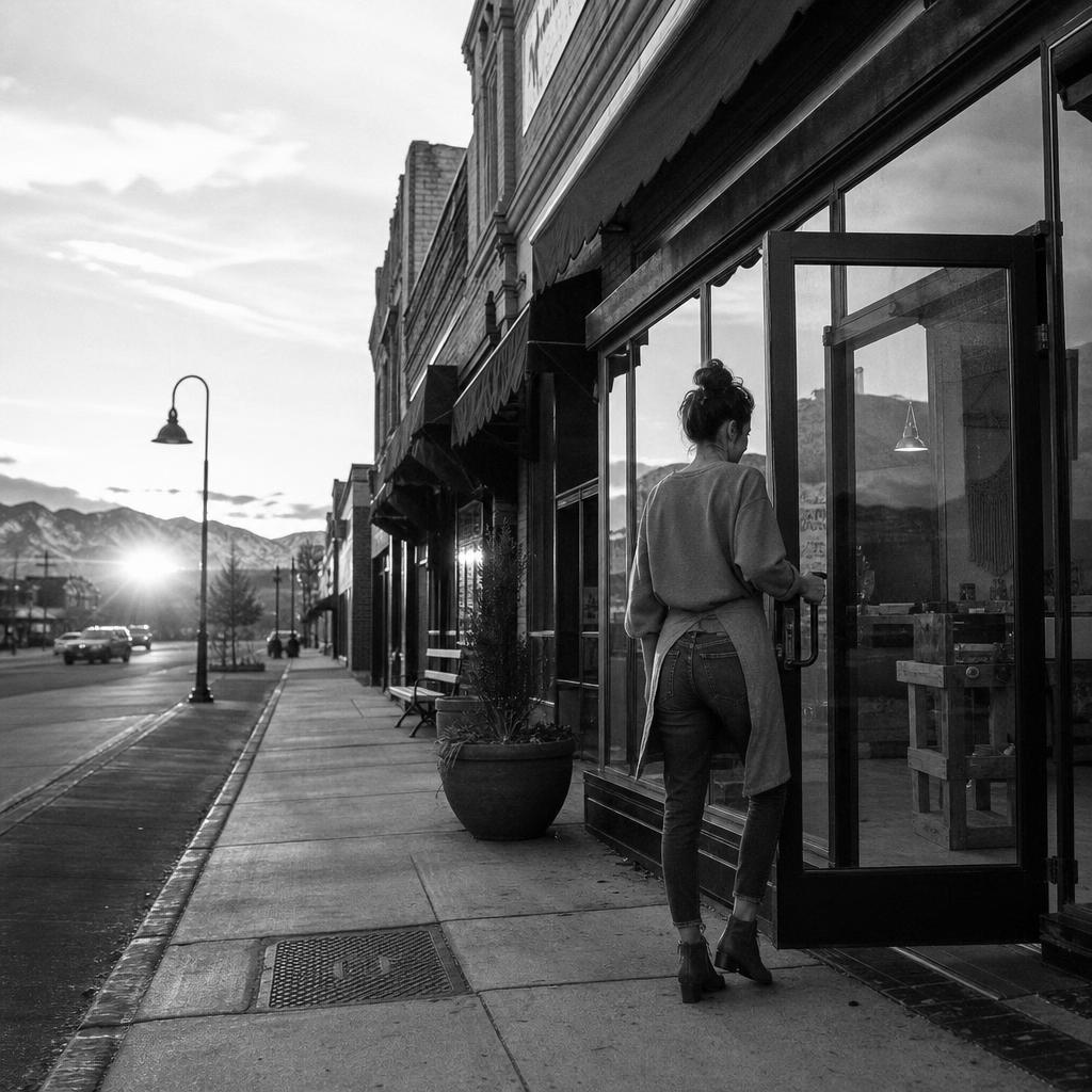 Black and white photo of a small business storefront