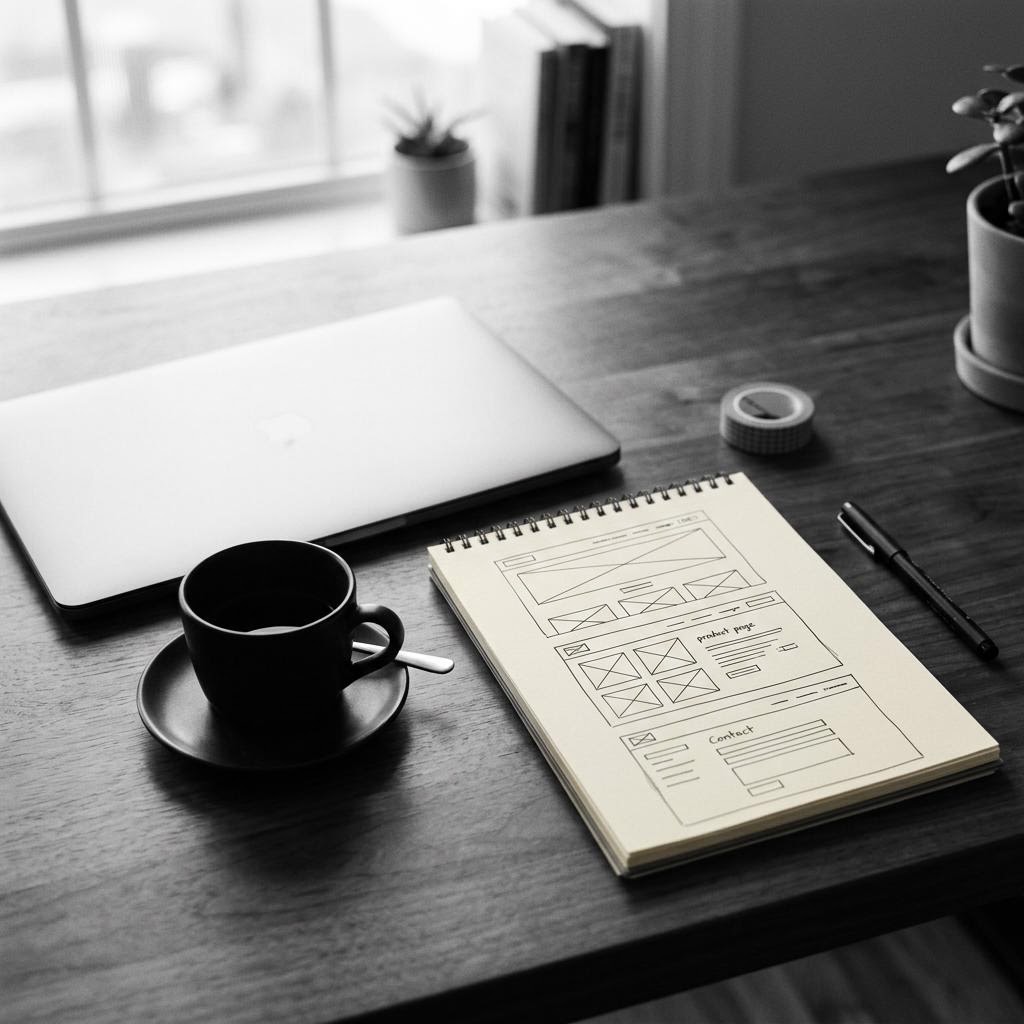 Wireframe sketches of web layouts beside a laptop